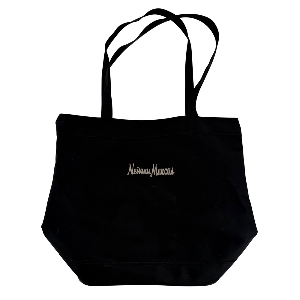 Neiman Marcus Black Nylon Tote Bag Embroidered Logo Zippered Shoulder Bag